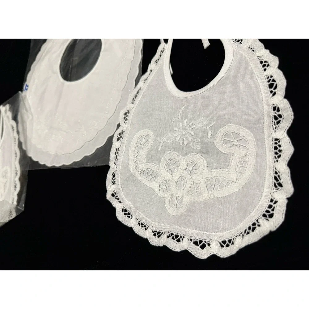 Lot of 3 New VTG White Floral Embroidery‎ Drawstring Doll Bibs